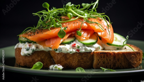 Freshness on a plate gourmet salad, healthy sandwich, organic seafood generated by AI