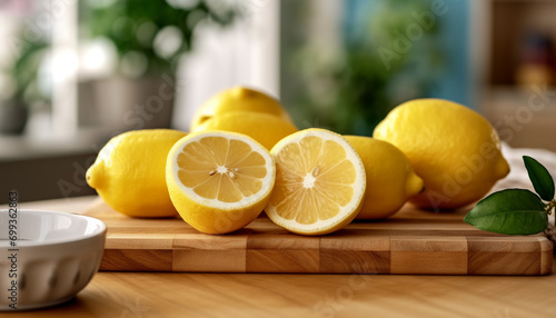 Fresh lemon slice on wooden table, a refreshing summer drink generated by AI photo