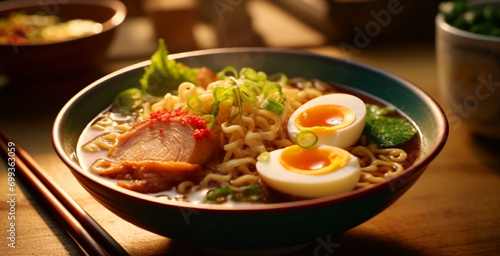 Freshly cooked ramen noodles with pork, vegetables, and flavorful broth generated by AI