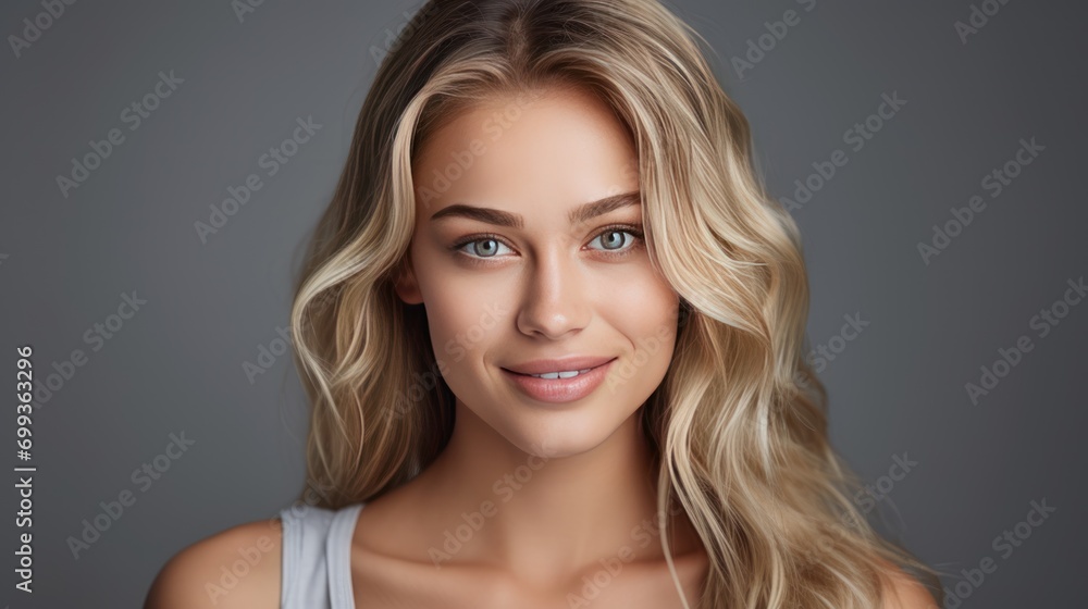 beautiful blond smiling young woman looking at the camera beautiful blond smiling young woman looking at the camera