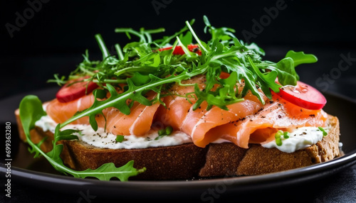 Freshness on a plate gourmet meal, bread, salad, healthy eating generated by AI