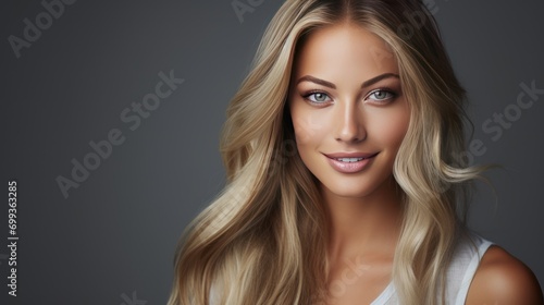 beautiful blond smiling young woman looking at the camera