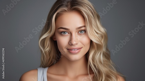 beautiful blond smiling young woman looking at the camera