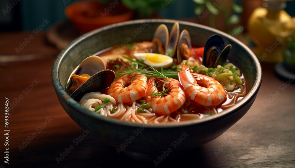 Fresh seafood meal, cooked prawn soup with healthy eating ingredients generated by AI