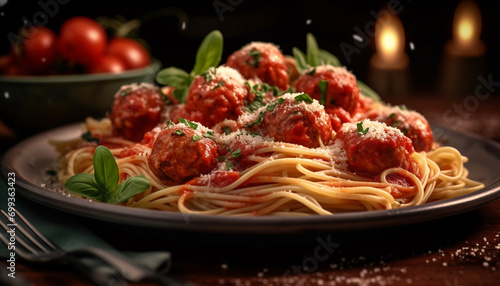 Fresh tomato pasta on a wooden table, a gourmet Italian meal generated by AI