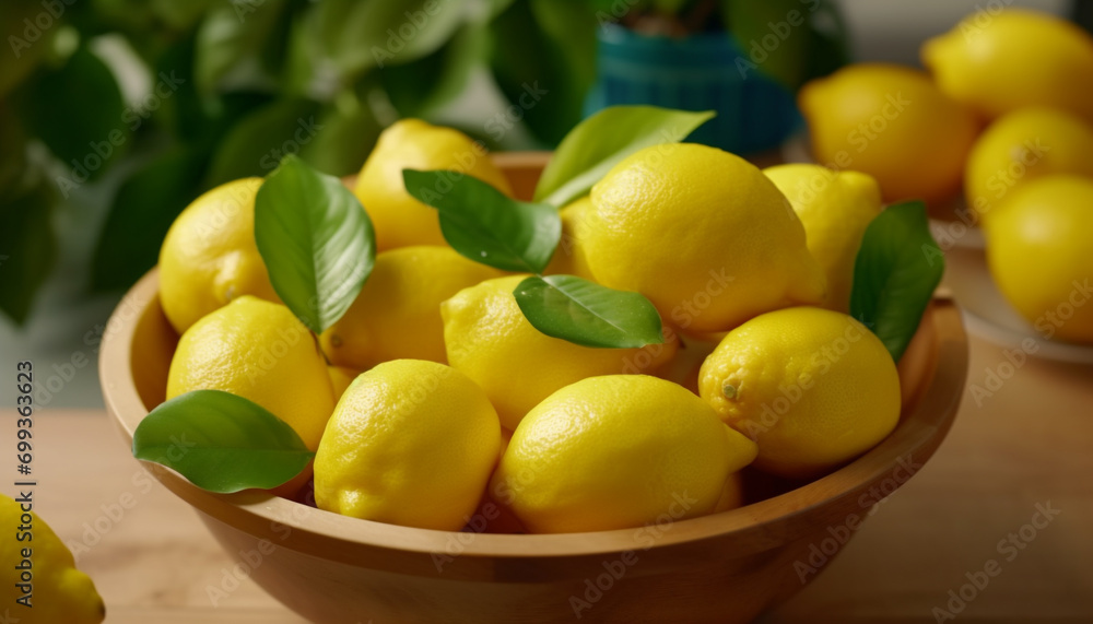 Fresh lemon slice on wooden table, vibrant yellow citrus fruit generated by AI