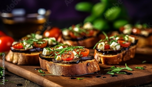 Freshness on a wooden table Toasted ciabatta with grilled vegetables generated by AI