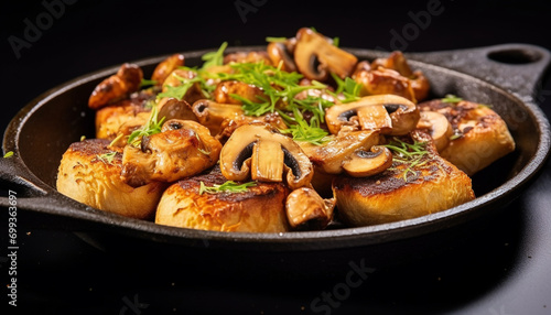 Grilled mushroom, vegetable, and herb appetizer on rustic wooden plate generated by AI