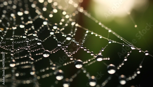 Spider web glistens in dew, close up of nature intricate trap generated by AI