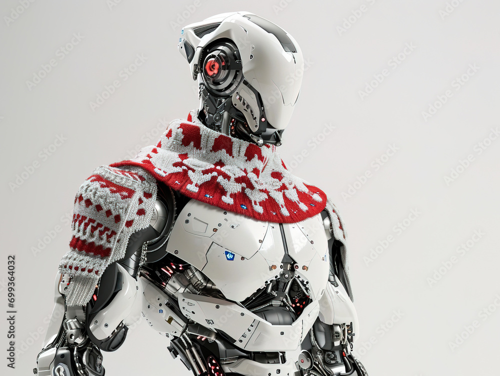 Robot wearing an knitted ugly sweater.