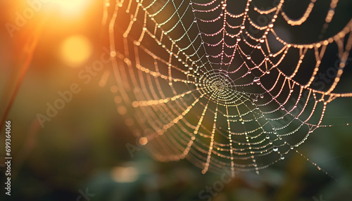 Spider web glistens with dew in the autumn forest meadow generated by AI