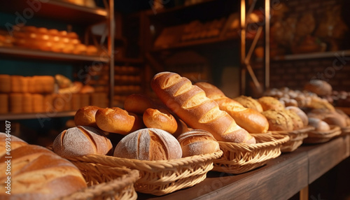 Freshly baked baguettes in a rustic wooden basket at a bakery generated by AI