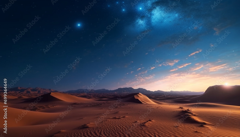 Naklejka premium Sand dune, mountain, outdoors, night, blue, Milky Way, adventure generated by AI