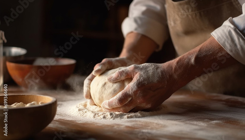 A man kneading dough on a wooden table, preparing homemade bread generated by AI