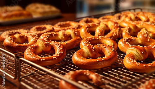 Freshly baked pretzels, a crunchy indulgence for a gourmet meal generated by AI