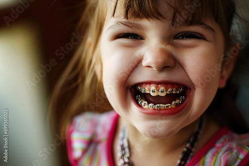 Close-up of a joyful child laughing with dental braces visible, highlighting happiness and oral healthcare.