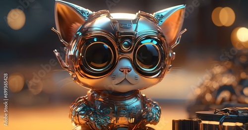 Closeup of a robotic cat with big eyes