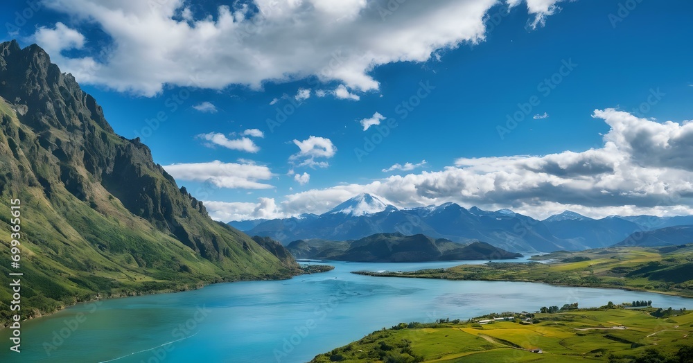 Panoramic mountain view over a serene lake landscape