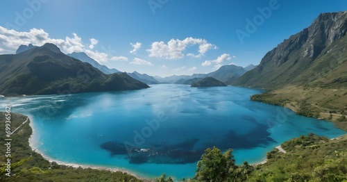 Blue sky over a lake embraced by mountains