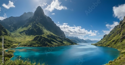 Calm lake reflecting mountain scenery landscape