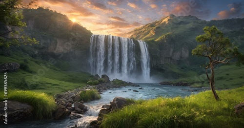 Waterfall in the morning landscape