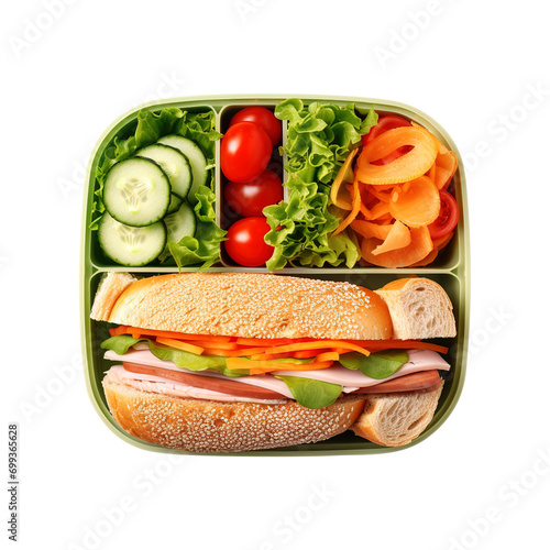 Lunch box with sandwich with ham and vegetables isolated on transparent background Remove png, Clipping Path, pen tool photo