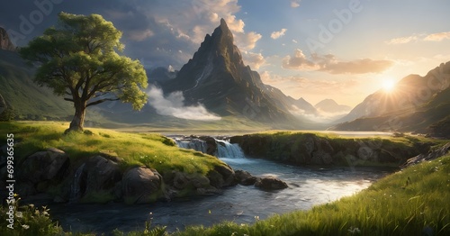 Landscape with lake and stunning mountain sunrise