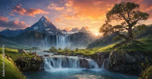 Tranquil waterfall amidst lush greenery at sunset landscape photo