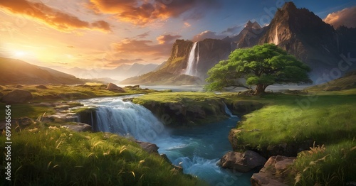 Beautiful nature scene: waterfall in the woods landscape