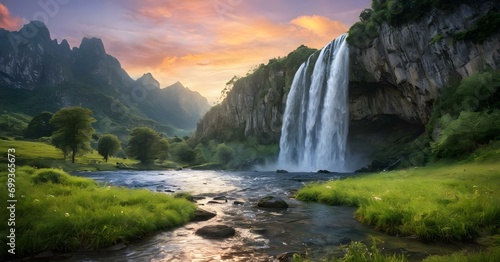 Waterfall in the mountains landscape © LilithArt
