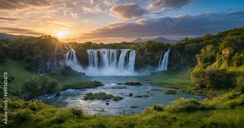 Serene waterfalls in a picturesque forest at sunset landscape