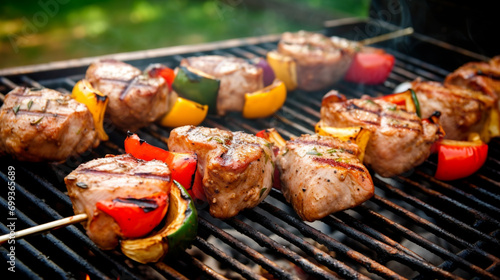 Grilled skewers of vegetables and meat on the grill, outside. AI Generative