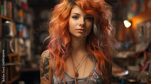 Vibrant Youth: Young Girl with Colorful Hair and Tattoos, Immersed in a Vintage Bookstore, Blending Modern Style with Classic Literature. © Lila Patel