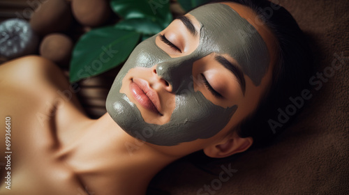 Serene woman enjoying a luxurious spa facial mask treatment  lying down with eyes closed  surrounded by green leaves.