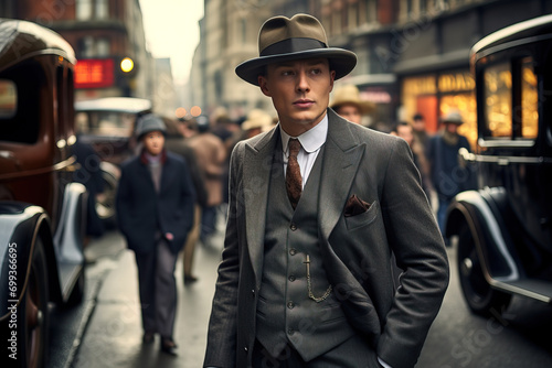 A poised man in vintage attire stands amidst 1920's London street traffic.