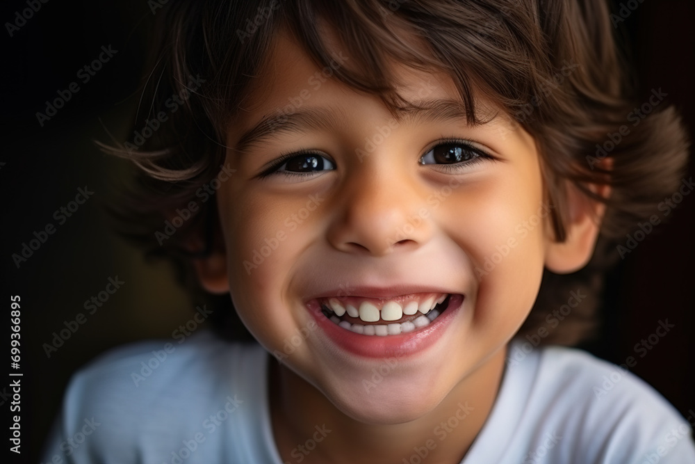 Close-up portrait of a joyful young boy smiling with a dark background, capturing the warmth and innocence of childhood. Close-up portrait of a joyful young boy smiling with a dark background, capturing the warmth and innocence of childhood.