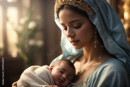 Holy Mary holding baby Jesus Christ in her arms. Graphic representation