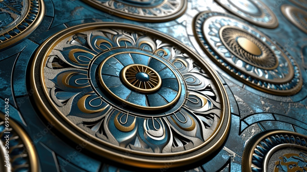 Obraz premium blue and silver geometric pattern, circles, symmetrical, clean, simple, background wallpaper texture