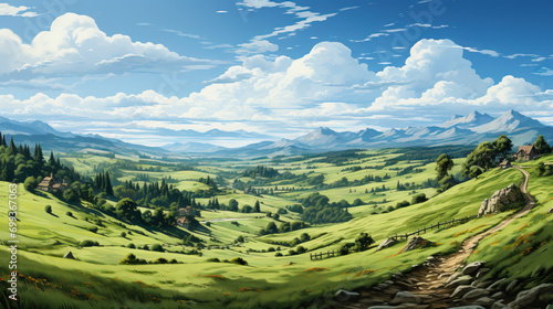 Hyper-Detailed Illustration of a Natural Scenic Panorama  A Lush Green Field  Capturing the Beauty and Serenity of Nature in Exquisite Detail