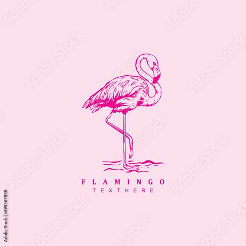Vintage retro hand drawn pink flamingo logo design for your brand or business