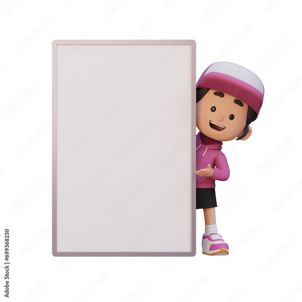3D girl character holding a blank placard 3D girl character holding a blank placard