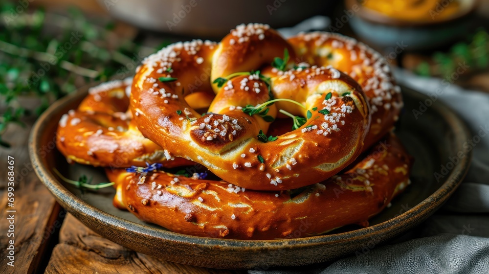 salted pretzel with mustard in a small bowl, salted pretzel with mustard in a small bowl,