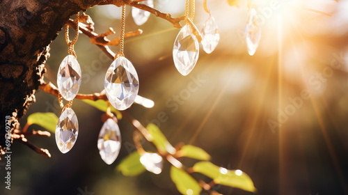 A radiant diamond pendant frowing on a tree branch, illuminated by natural sunlight against a backdrop of lush green leaves. photo