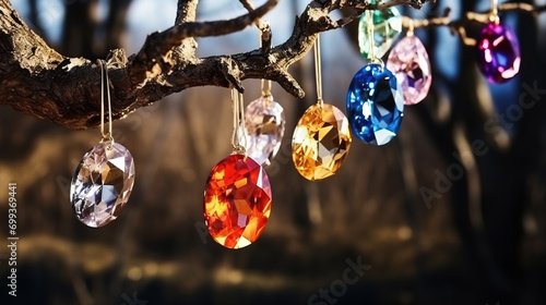 Colorful gemstones hang from a tree branch, sparkling in the sunlight with a serene bokeh background. photo