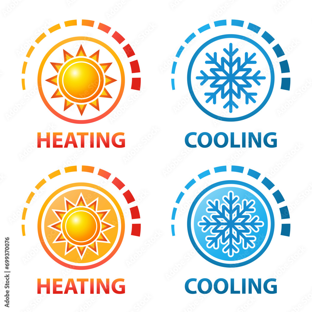 Heating and cooling temperature regulation, hot and cold indicator, sun and snow, climate control icon set. Cooler and heater. Warm, freeze sensor. Winter and summer. Thermometer measure scale. Vector Heating and cooling temperature regulation, hot and cold indicator, sun and snow, climate control icon set. Cooler and heater. Warm, freeze sensor. Winter and summer. Thermometer measure scale. Vector