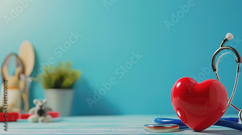 Bright red heart and stethoscope on a desk with a vibrant blue background, symbolizing healthcare and cardiovascular wellness. photo