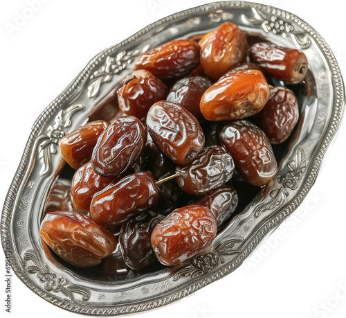 Date fruits fresh sweet dried healthy snack in a silver bowl plate isolated background photo