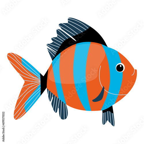 Striped fish. Cartoon character. Orange fish with blue stripes. Sad fish. Cartoon style