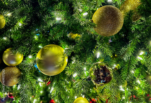 Festive gold ornaments on the tree