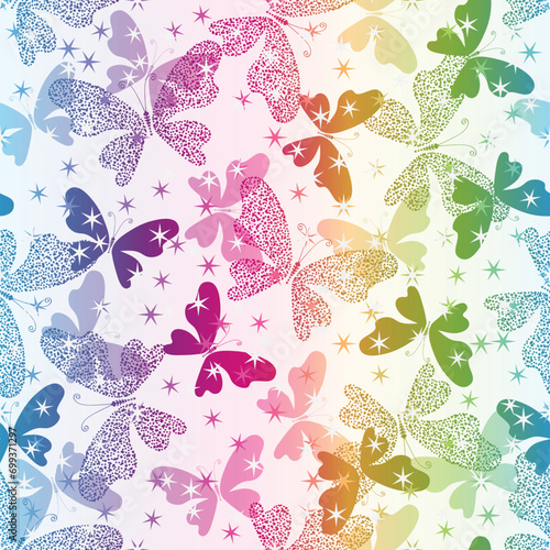 Vector seamless pattern with dotty stylized butterflies whis stars on a white background photo